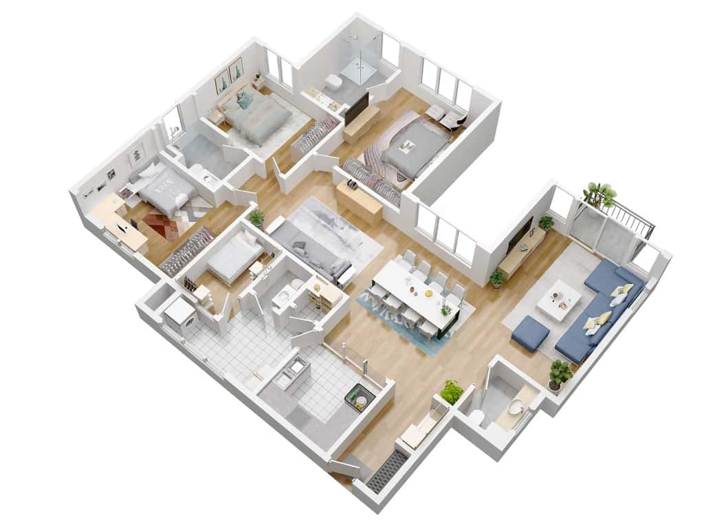 Furnished 3D floor plan of a four-bedroom apartment