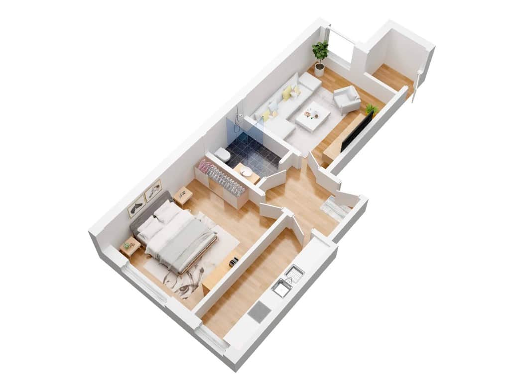 Furnished 3D floor plan of a one-bedroom apartment by Photoplan