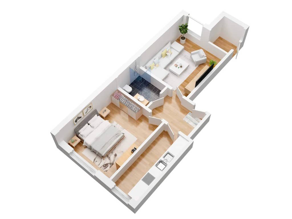 Furnished 3D isometric floor plan of a one-bedroom apartment by Photoplan
