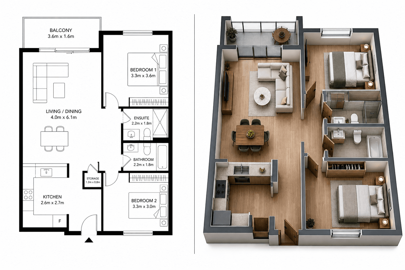 Side-by-side comparison of a clean 2D floor plan and a furnished 3D floor plan of the same apartment