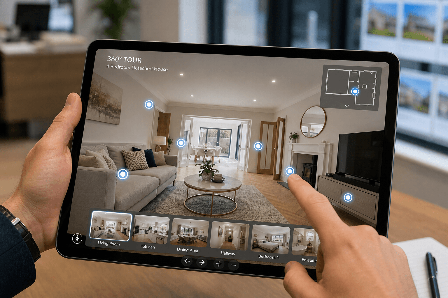 Interactive 360 virtual tour hotspot view inside a UK property listing on a tablet for estate agents