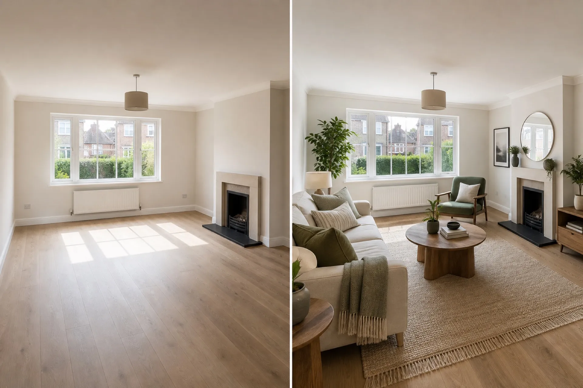 Before-and-after property living room — empty on the left, virtually staged with furniture on the right — illustrating responsible AI enhancement