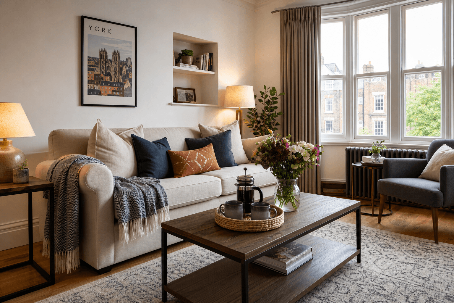Bright, professionally photographed Airbnb living space with styled sofa, warm lamps and welcome tray ready for guests