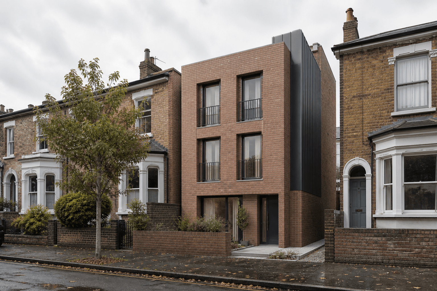 Photoreal architectural visualisation of a proposed UK residential streetscape for a planning application, shown in true context