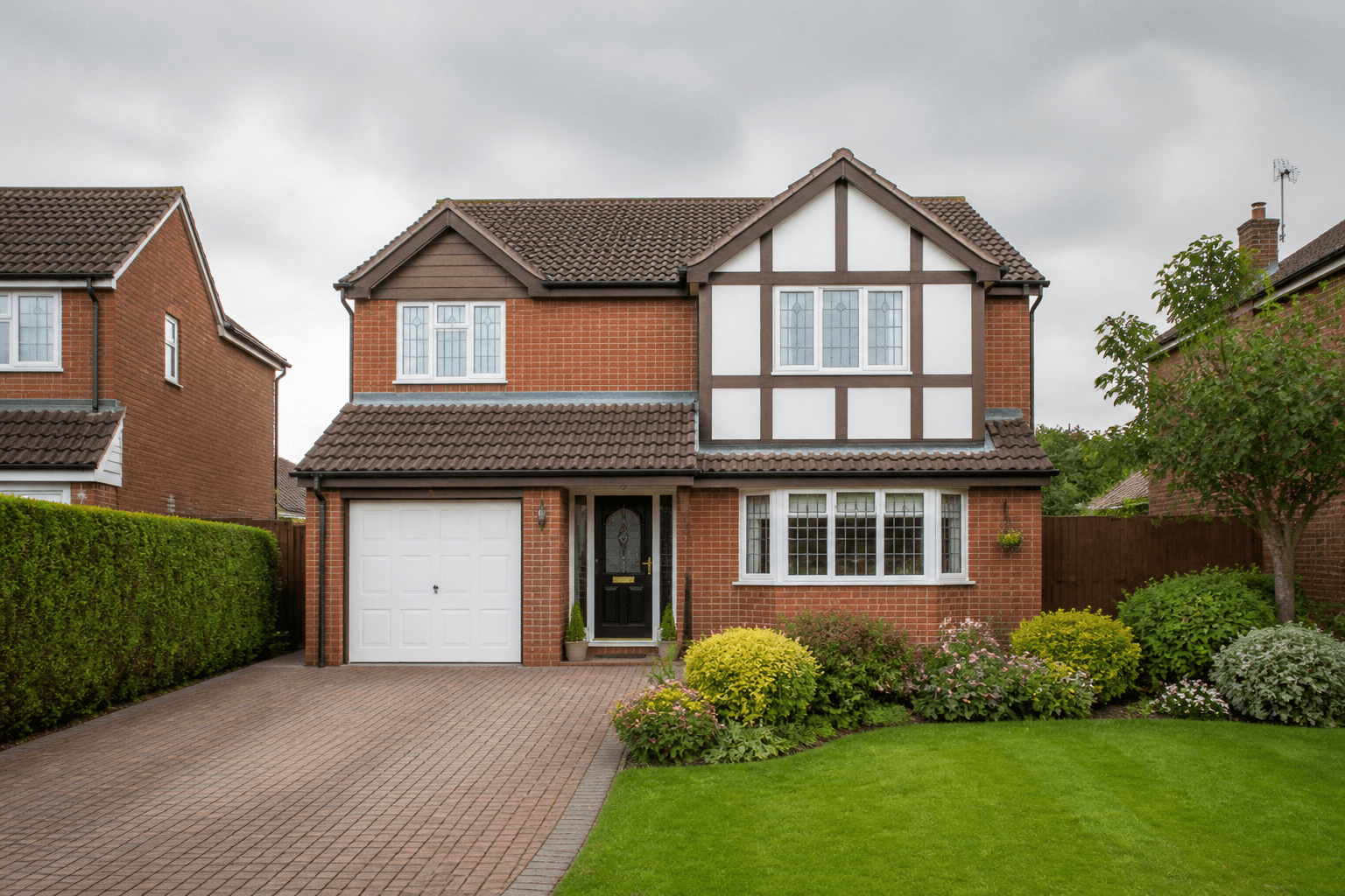 UK house exterior photographed on an overcast day with tidy frontage and soft even light suitable for a property listing