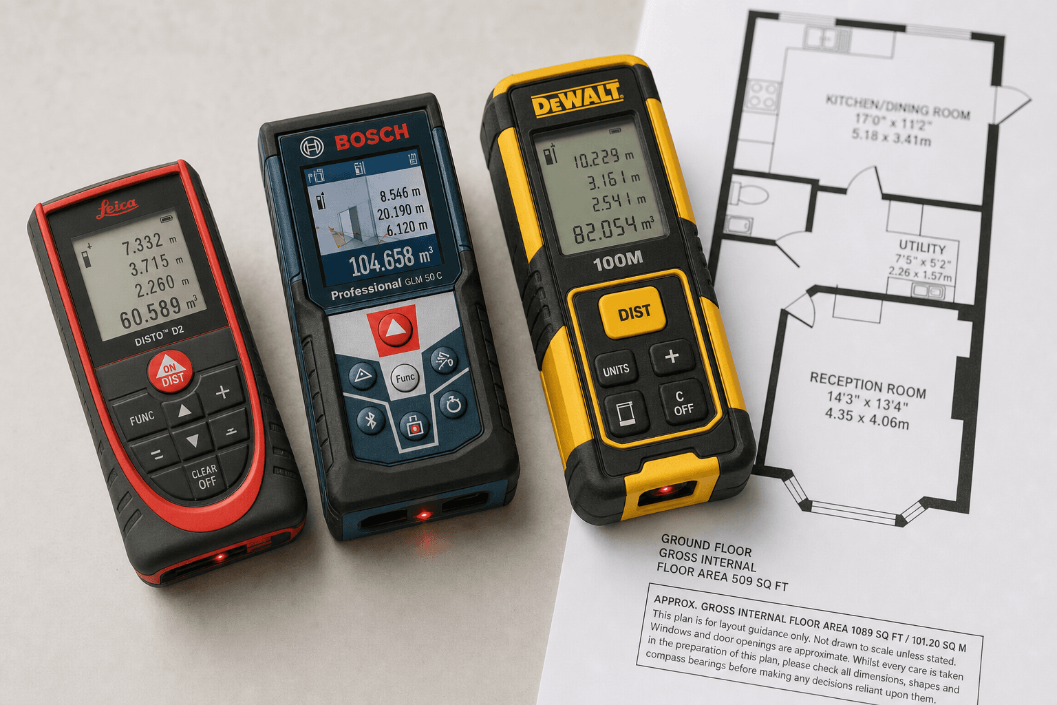Leica, Bosch and DeWalt laser distance measures beside a printed property floor plan — top tools for measuring floor plans