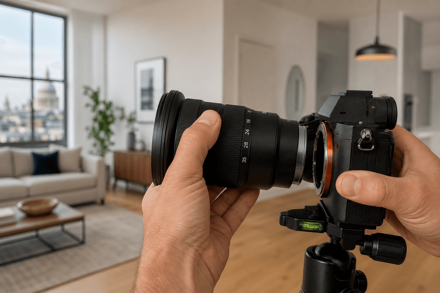 Wide-angle lens mounted on a camera during a professional property photography shoot in a London apartment