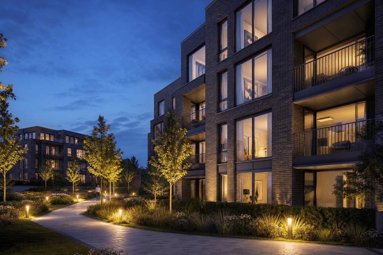 Photorealistic CGI render of a modern UK residential development exterior at dusk with landscaped approach
