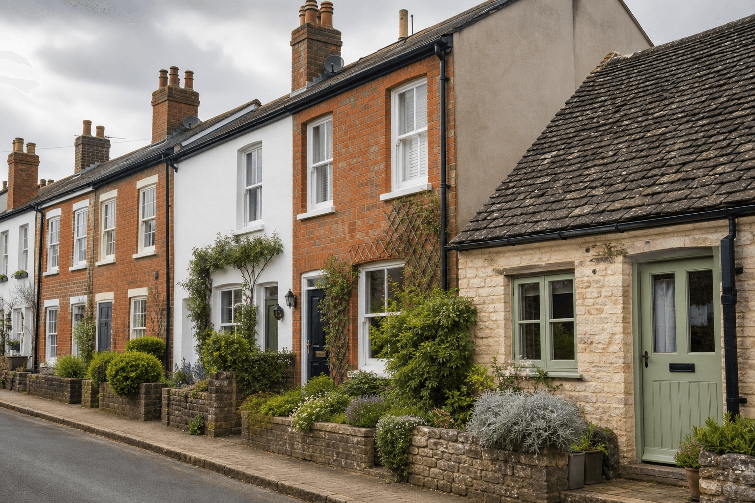 A row of affordable British terraced houses and a stone cottage on a quiet UK street