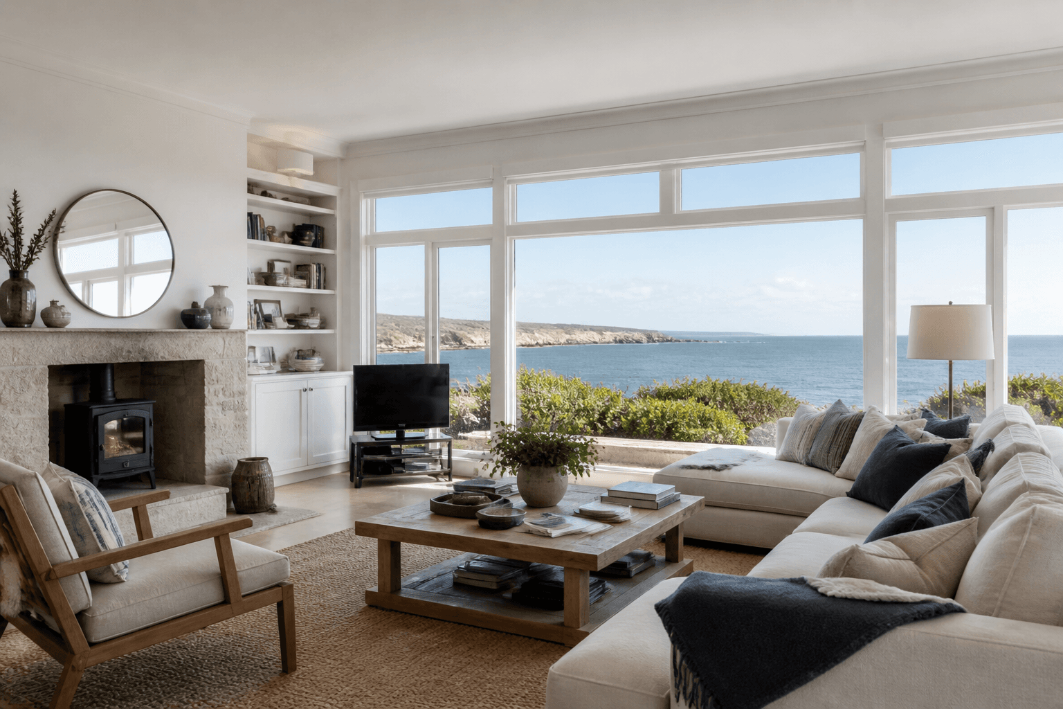 Professional photograph of a UK coastal home living room with sea view through large windows in bright natural light