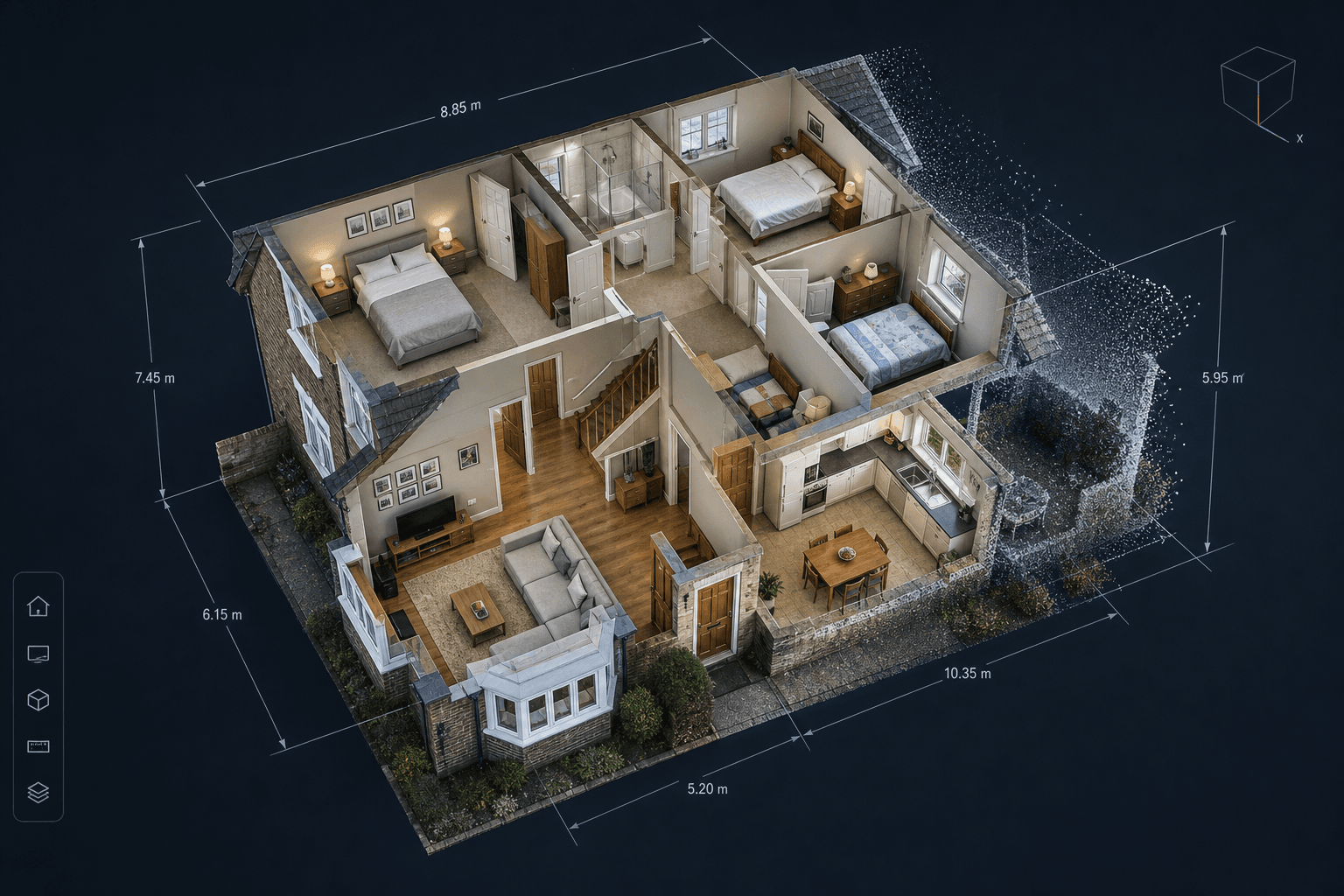 3D digital twin dollhouse view of a UK property showing scanned rooms, measurements and floor plan data