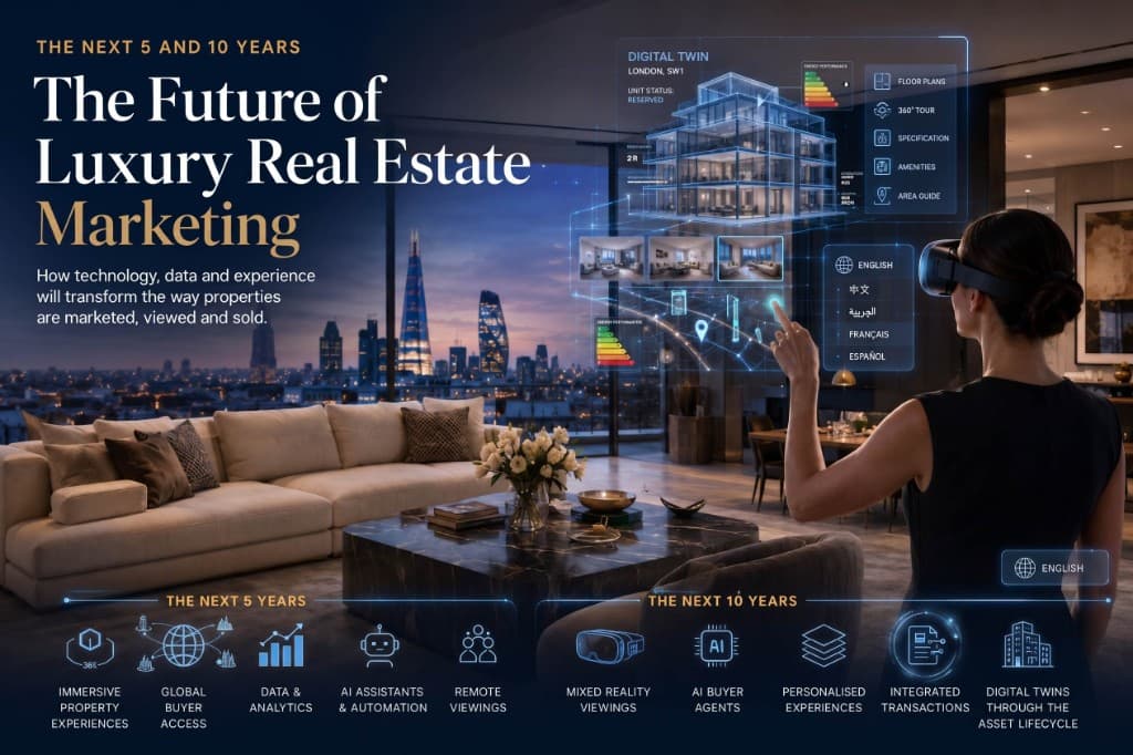 A buyer using a mixed reality headset to explore an interactive digital twin of a London property, with floor plans, 360 tours and multi-language options floating in the air