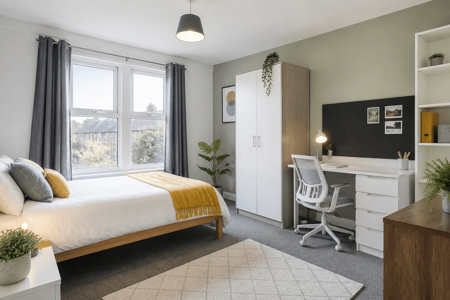 Bright student HMO bedroom photographed for a room-to-let listing with desk bed and storage clearly shown