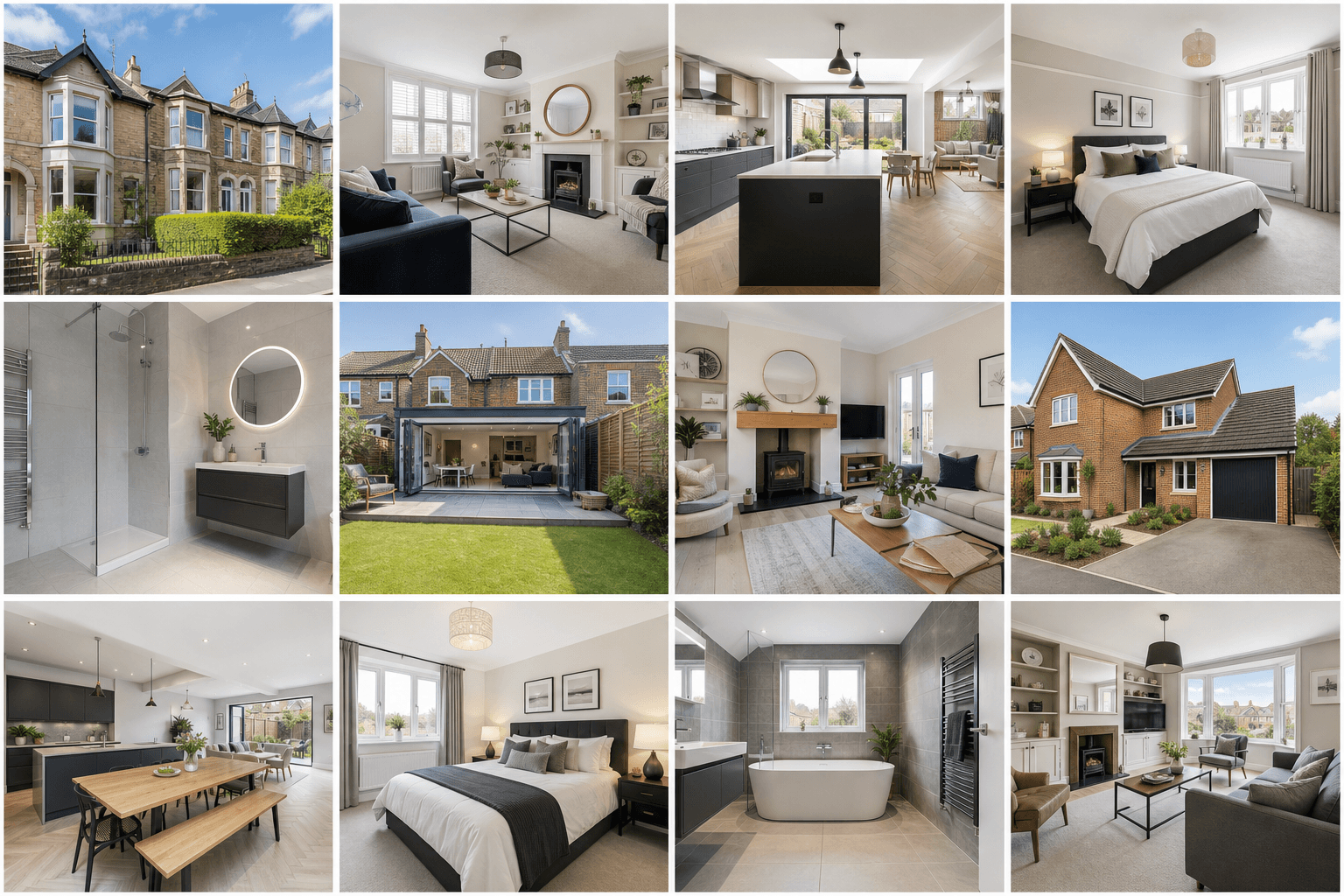Grid of consistent UK property listing photographs on a brand wall showing unified estate agency presentation standards