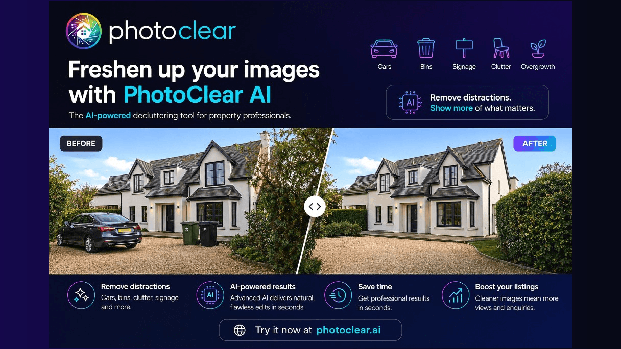 A property frontage shown before and after photo decluttering with PhotoClear AI — a parked car and wheelie bins removed to reveal clean kerb appeal