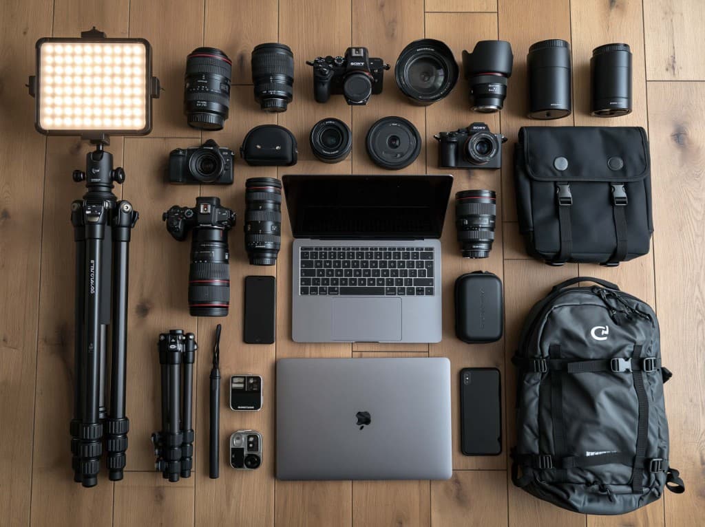 Complete property photography equipment kit with cameras, lenses, lighting, tripods and accessories laid out for a shoot