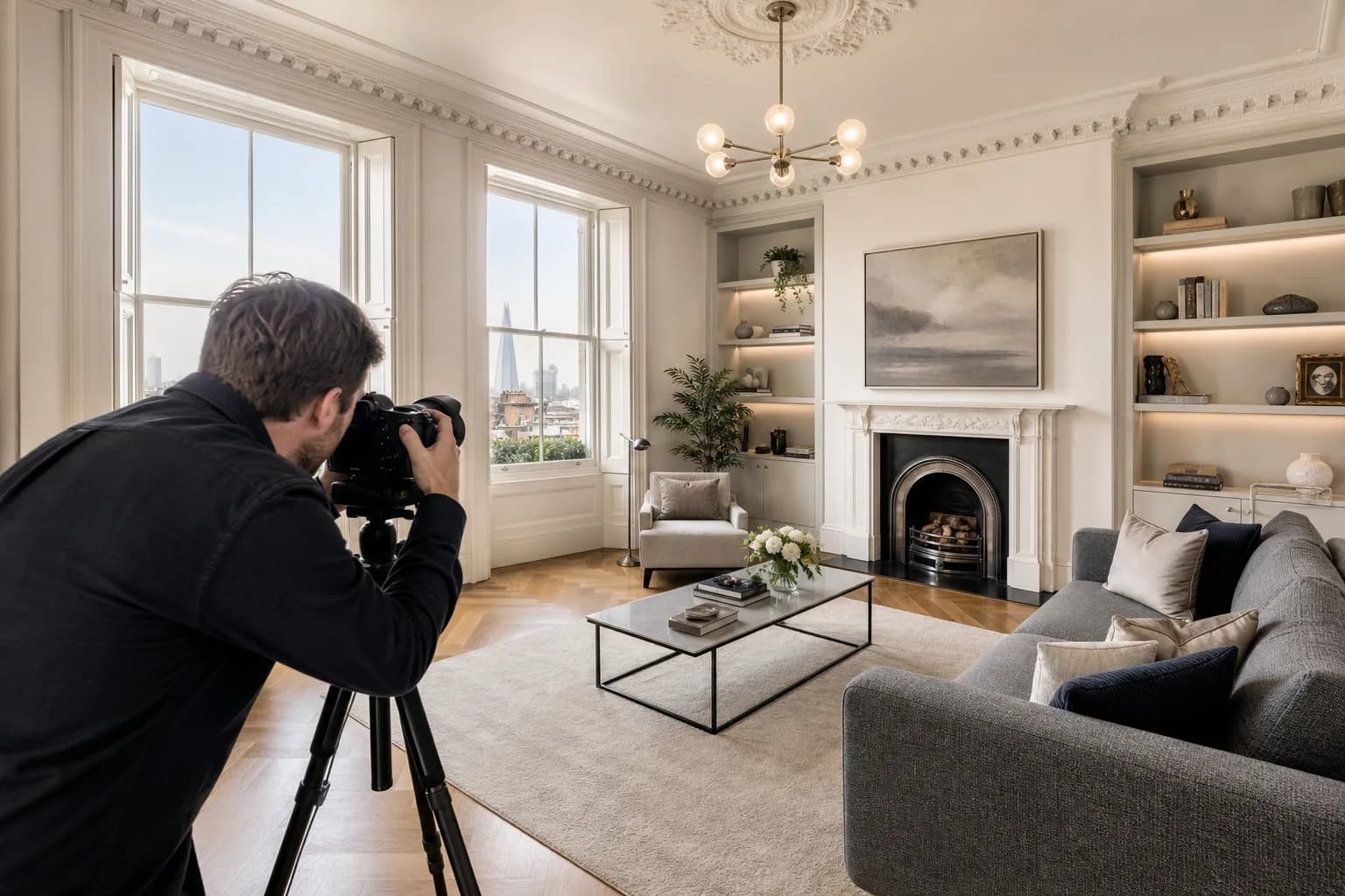 Professional property photographer capturing a bright London townhouse interior with the city skyline visible through large sash windows