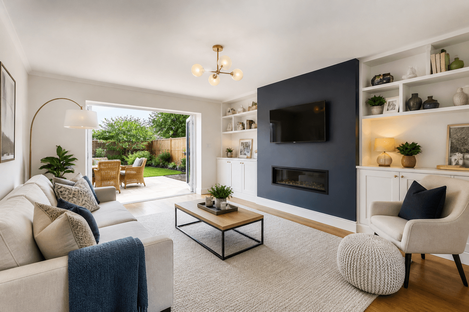 Professional property photography of a bright UK living room prepared for a Rightmove listing
