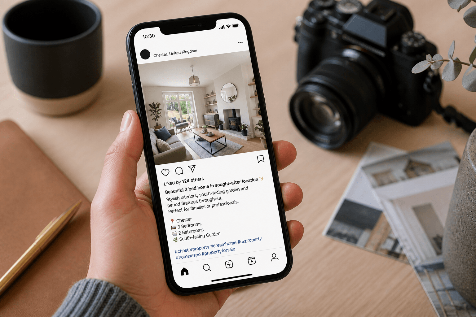Smartphone showing an estate agency Instagram post of a UK property interior beside a camera and listing particulars