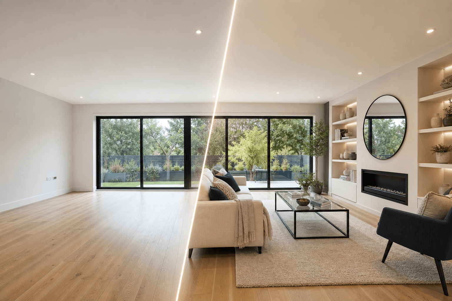 Before-and-after living room — empty on the left, virtually staged with modern furniture on the right — illustrating AI-powered property marketing