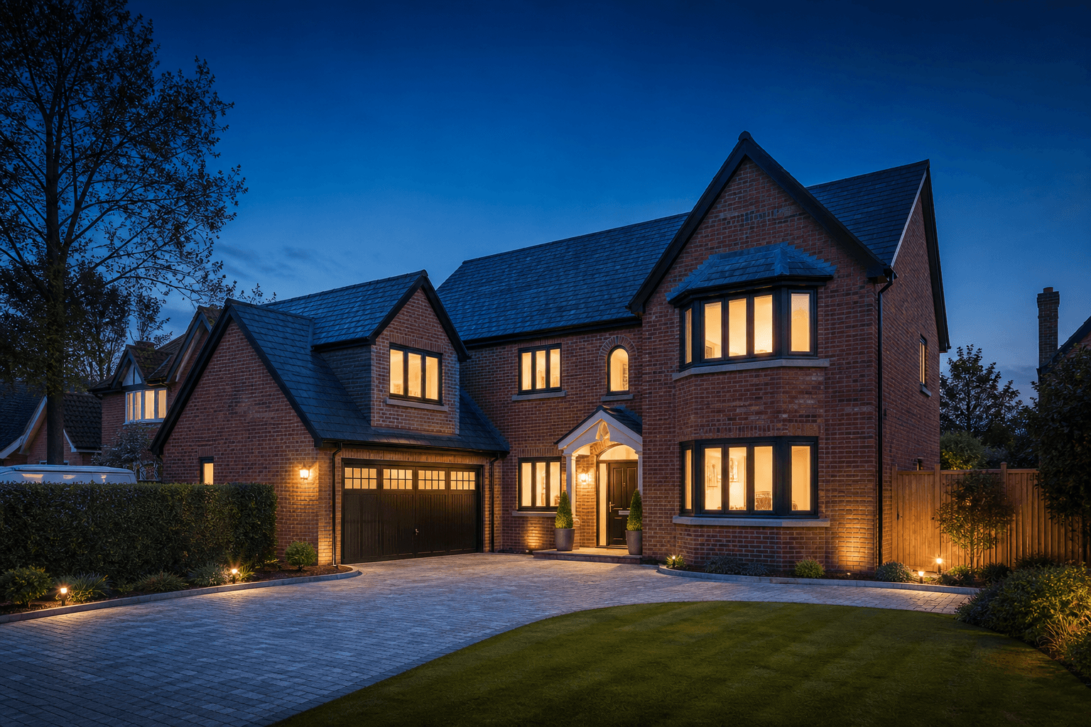 Handsome UK detached home photographed at twilight with warm interior lights glowing against a deep blue dusk sky
