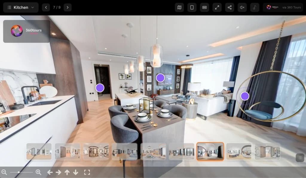 Interactive 360 virtual tour of a living room by Photoplan