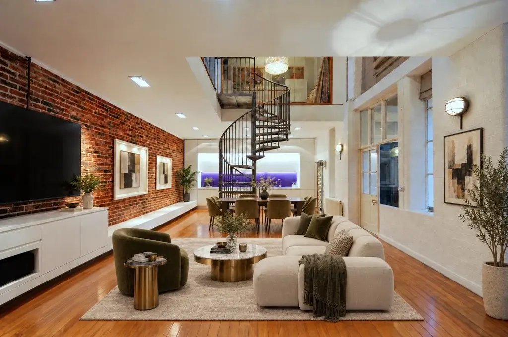Open-plan loft with spiral staircase — after virtual staging