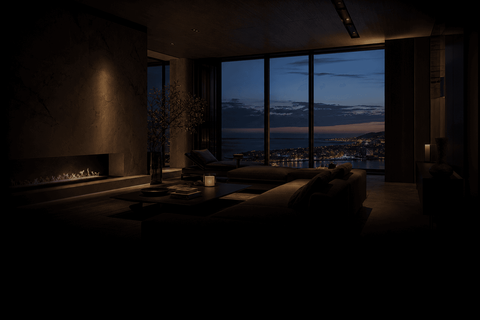 Dark, cinematic luxury residence interior at dusk overlooking the coastline