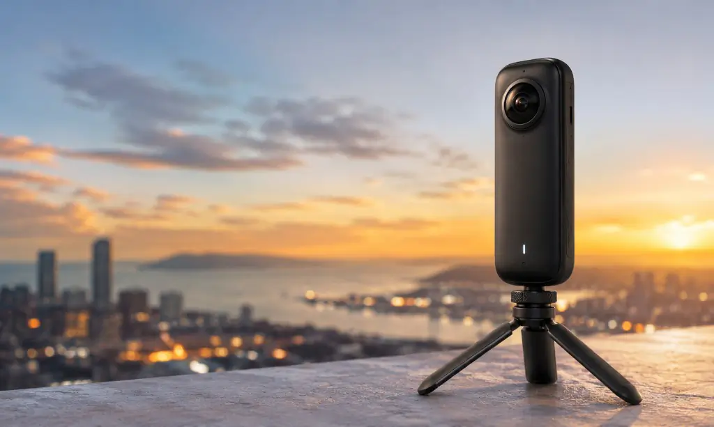 A dual-lens 360 camera on a mini tripod overlooking a coastal city skyline at sunset