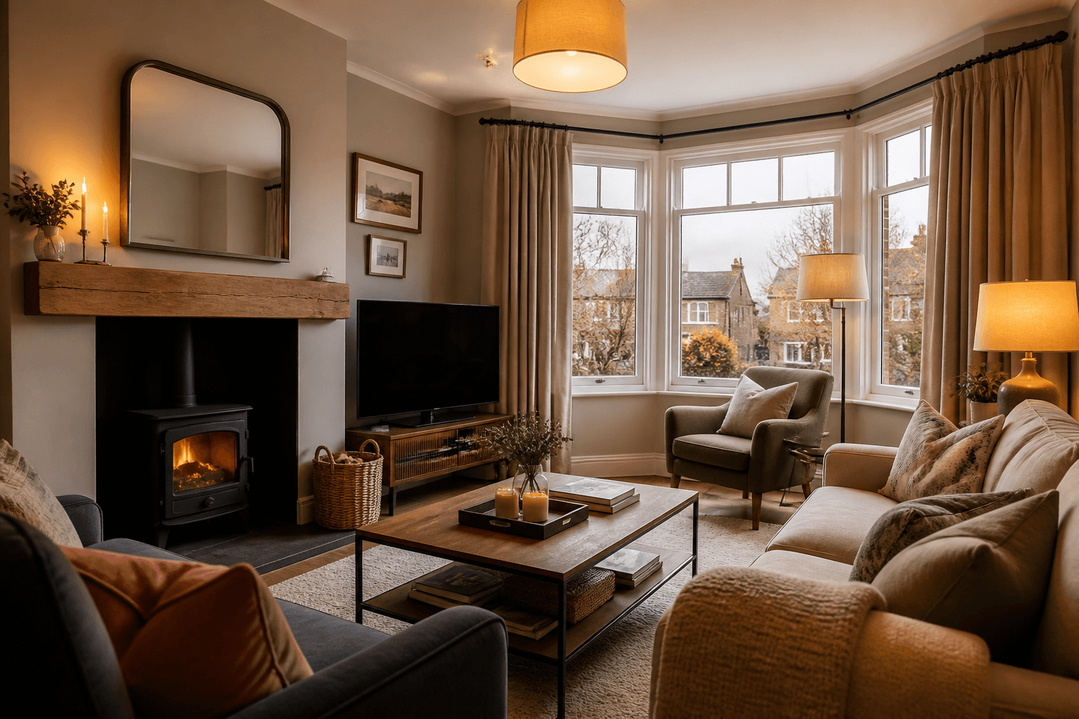 Warmly lit UK living room photographed on a grey autumn day with lamps on and soft window light for a winter property listing