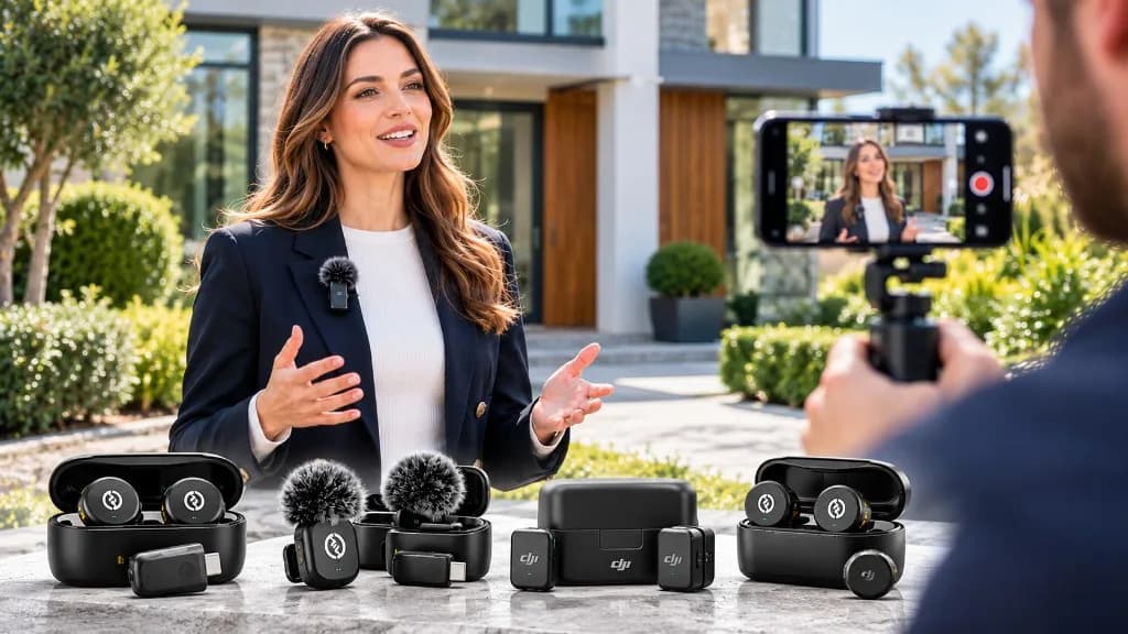 Estate agent filmed on a smartphone outside a modern house, with wireless microphone kits set out on the table