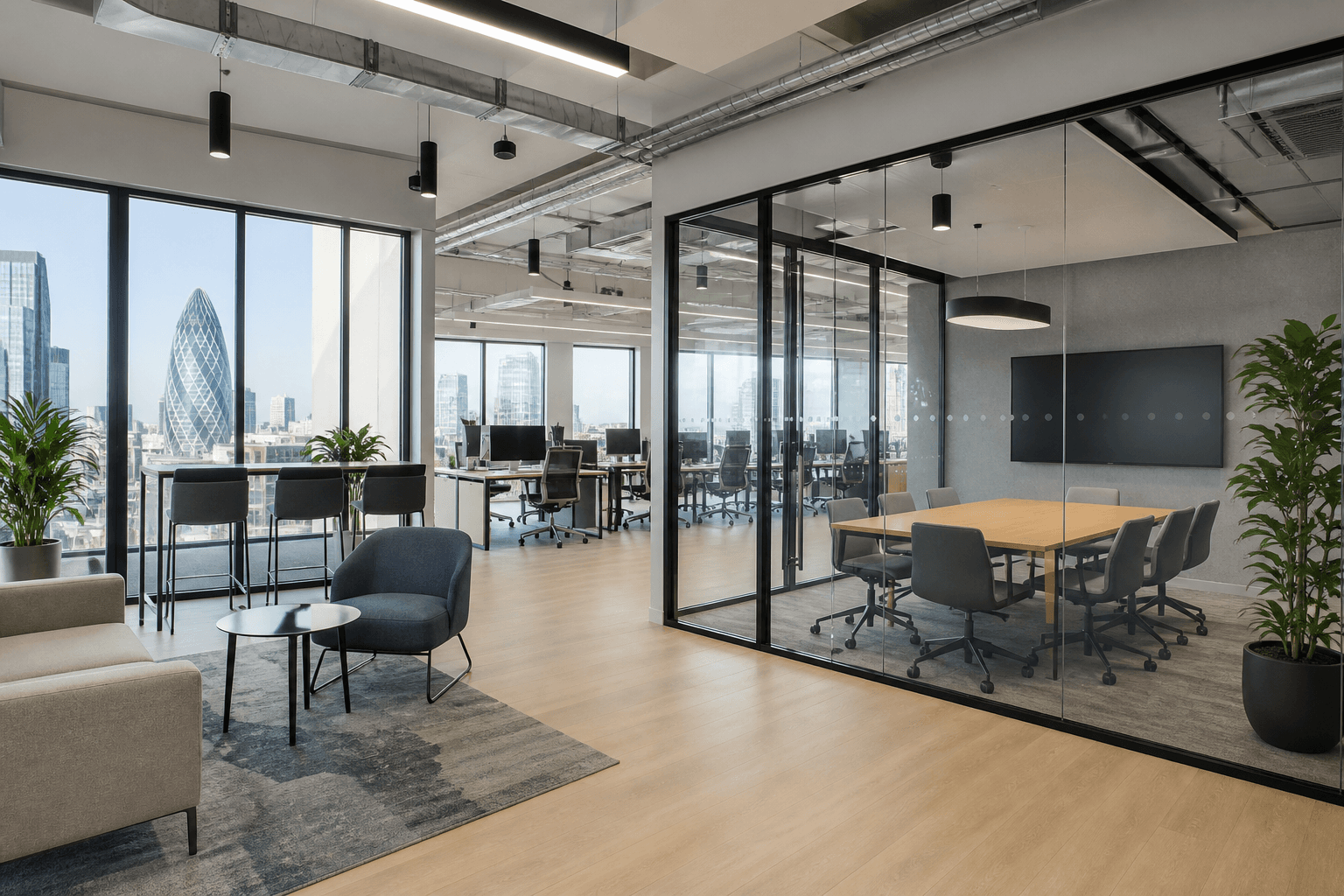 Wide professional photograph of a modern UK office interior with glass meeting rooms and city views prepared for a commercial letting listing