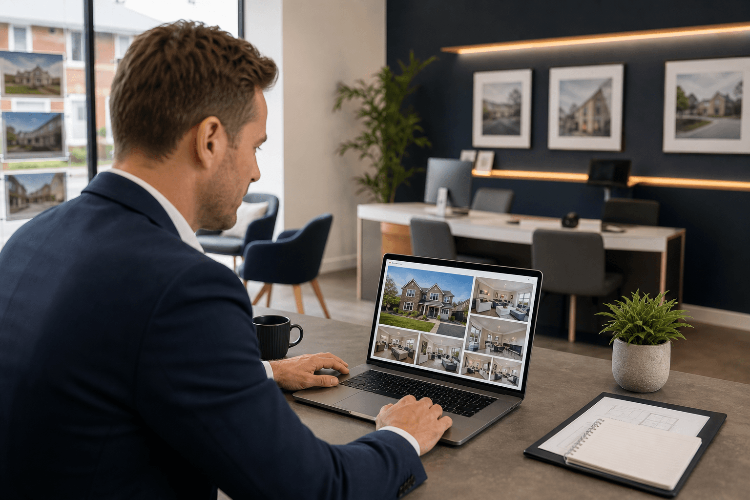 Estate agent reviewing professional property photography on a laptop for a UK branch listing pack
