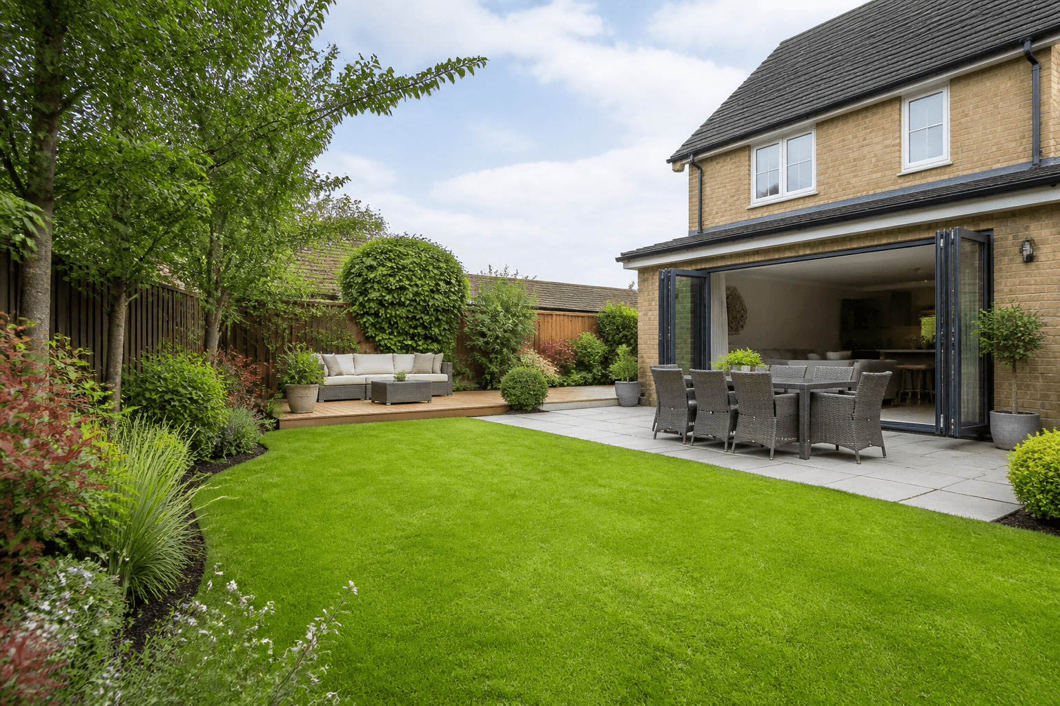 Professional photograph of a landscaped UK garden with patio seating and lawn, shot for a property listing in soft daylight
