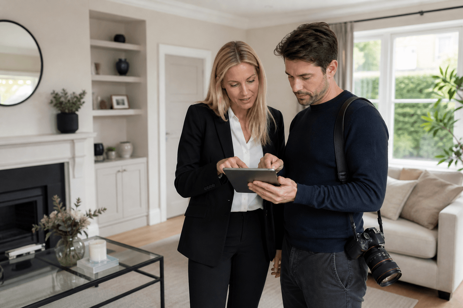 Estate agent and property photographer reviewing a shot list on a tablet inside a staged UK living room before a listing shoot