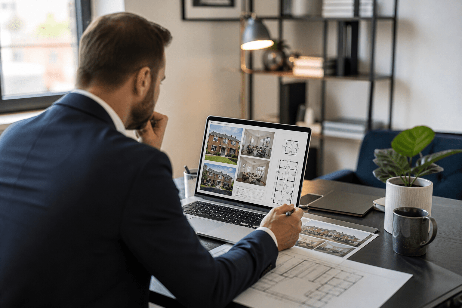 Estate agent reviewing property photography samples and floor plans on a laptop while comparing media supplier portfolios