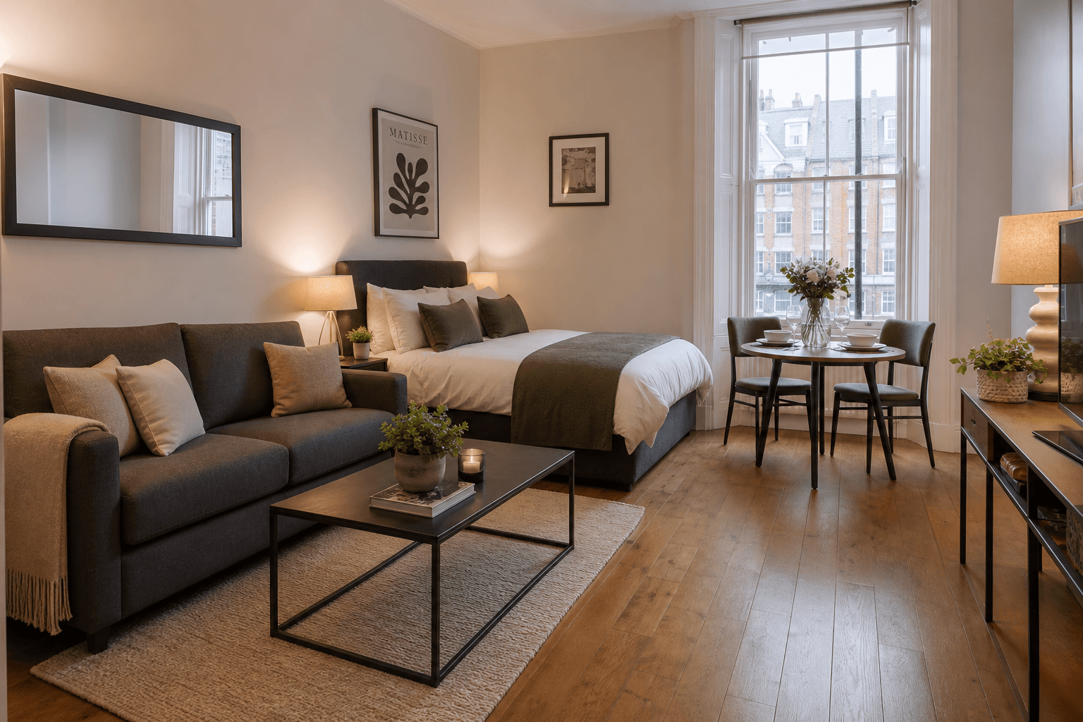 Compact but beautifully lit London studio flat photographed from the corner to maximise the sense of space