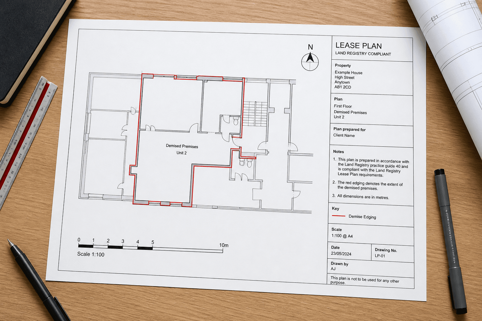 Land Registry compliant lease plan drawing with red demise edging, scale bar and north point for a UK flat