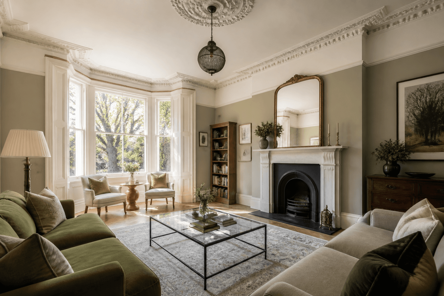 Professional photograph of a Victorian period living room with sash windows, cornicing and fireplace in soft natural light