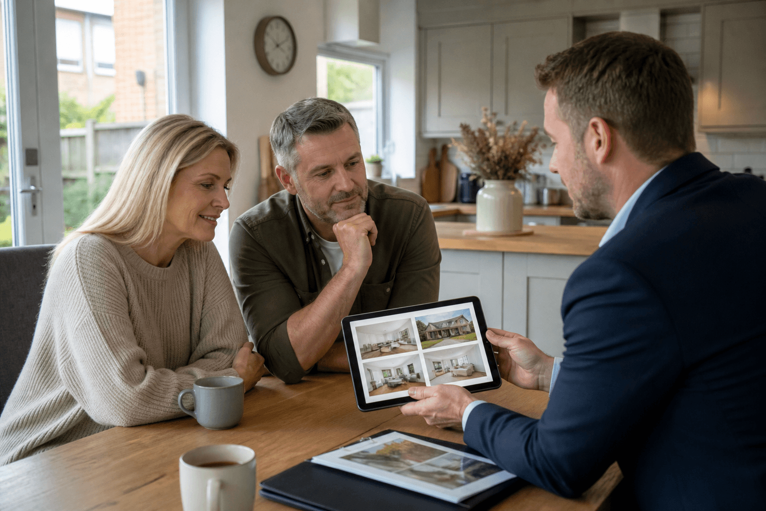 Estate agent on a valuation visit showing sample photography to vendors in a UK kitchen, deciding whether to shoot before instruction