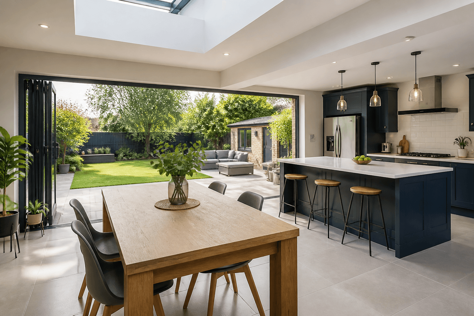 Wide professional photograph of a UK kitchen-diner rear extension with bi- fold doors open to the garden