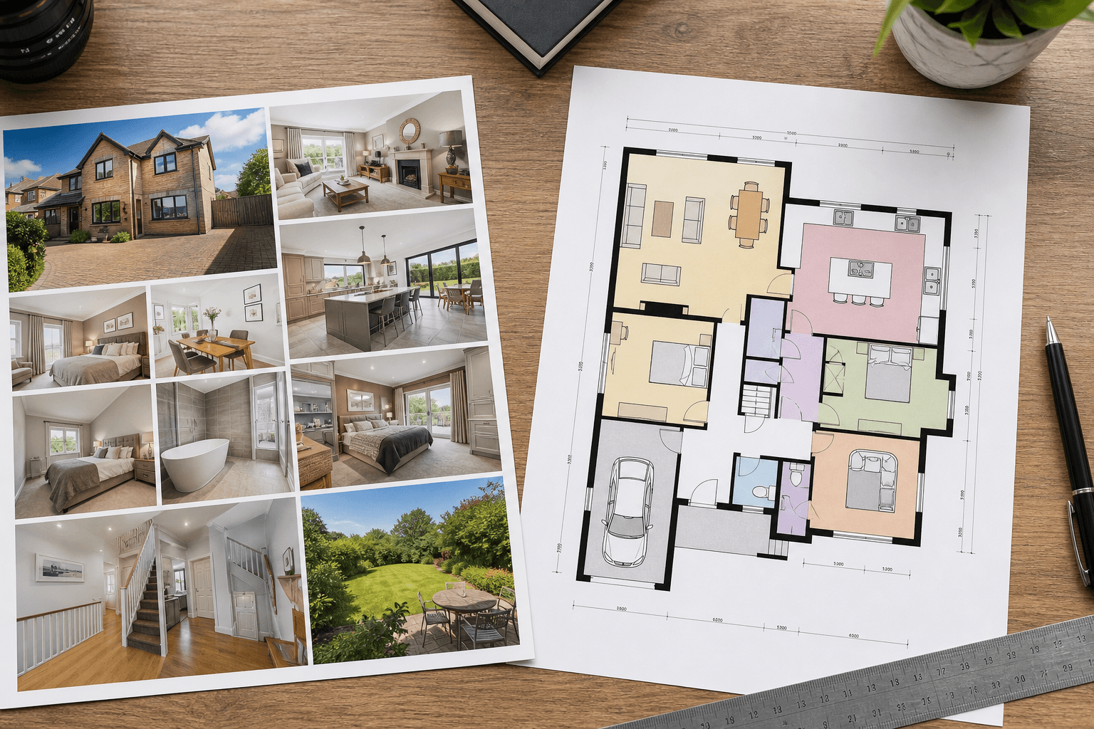 Property photography contact sheet beside a measured floor plan for a UK estate agency listing package