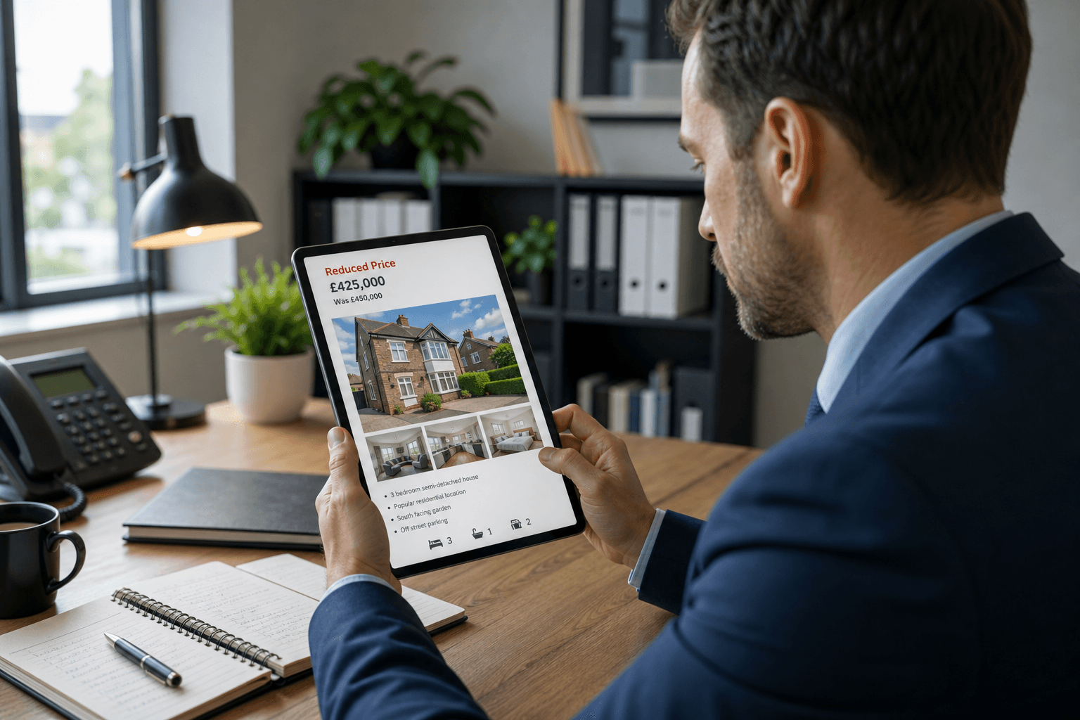 Estate agent reviewing a reduced property listing on a tablet with refreshed photography thumbnails for a UK home