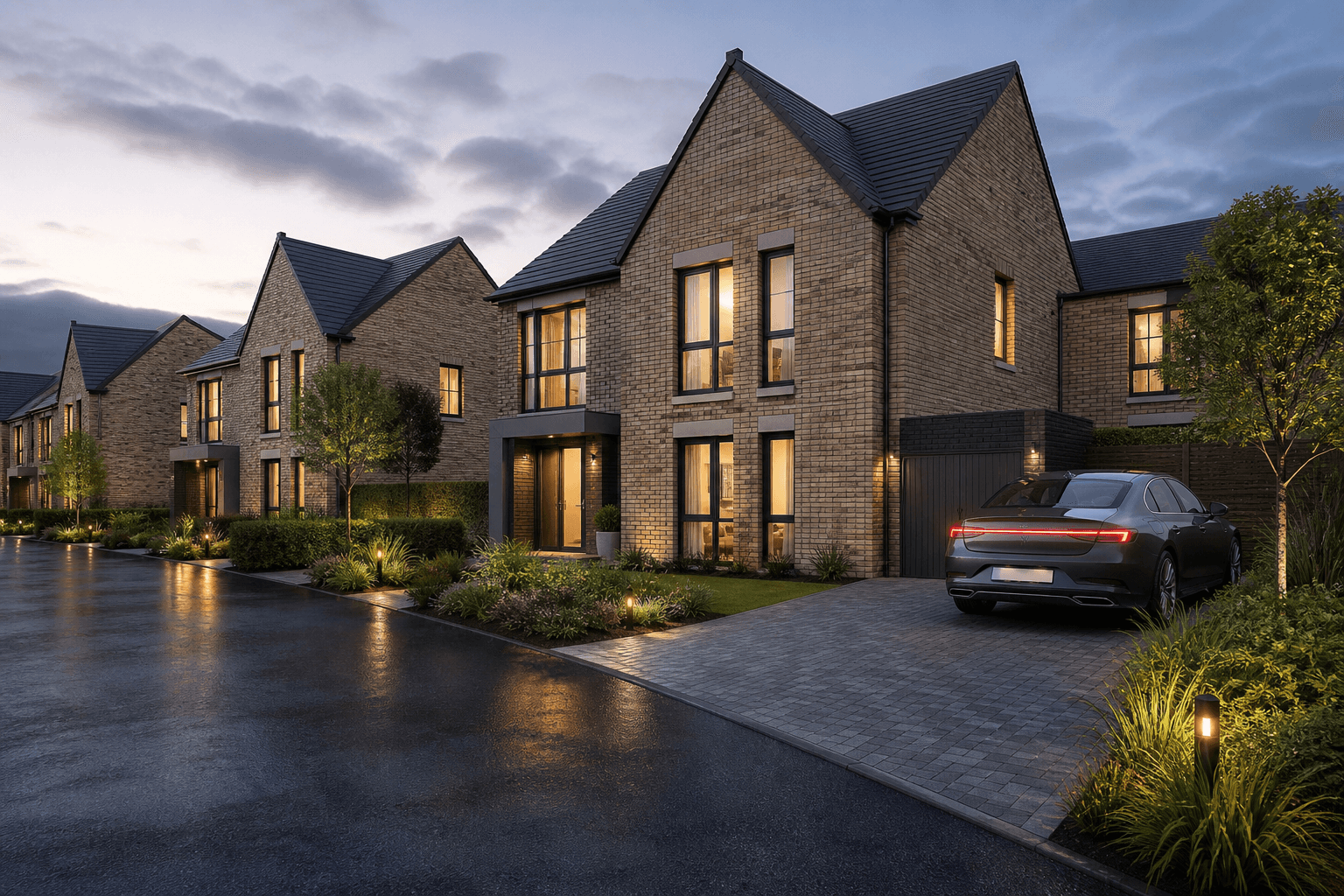 Photoreal property CGI exterior render of a UK residential development at dusk produced for off-plan marketing