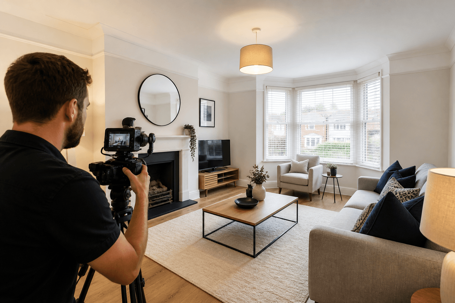 Camera operator filming a smooth walkthrough shot inside a bright UK living room for an estate agent property video