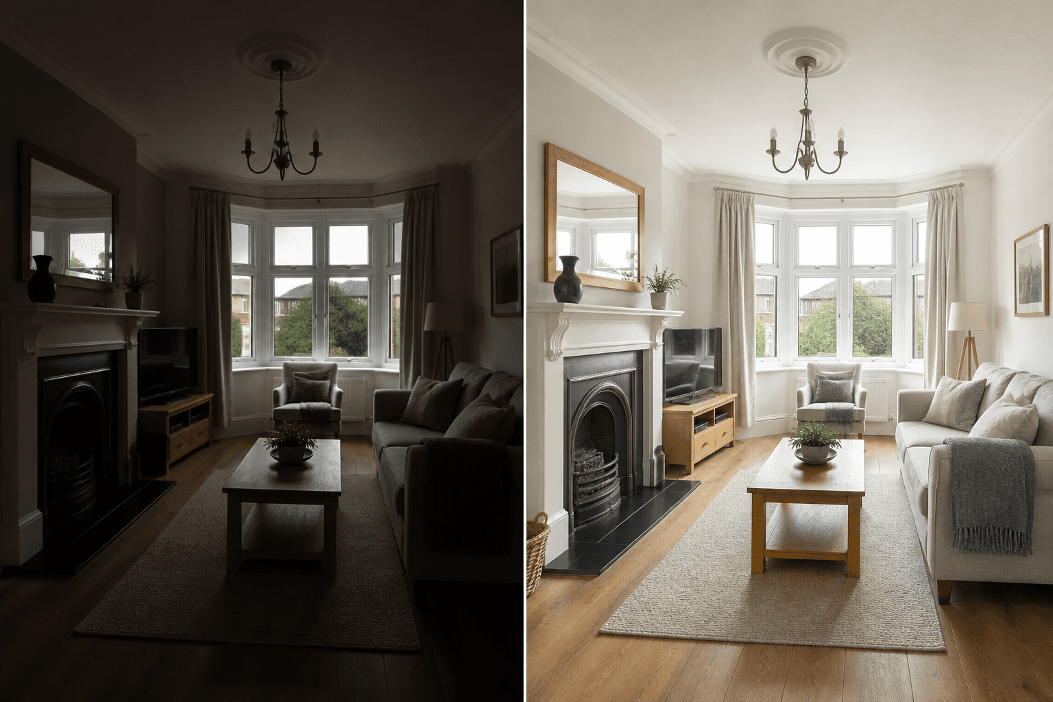 Before and after real estate photo editing of a UK living room showing balanced light and corrected verticals