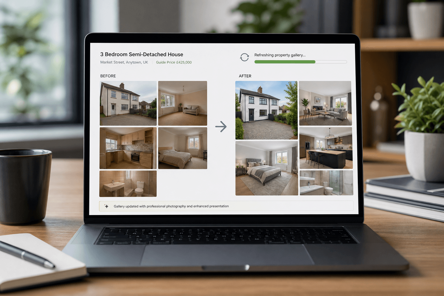 Before and after concept of a UK property listing refresh with improved photography and a cleaner portal gallery on a laptop screen