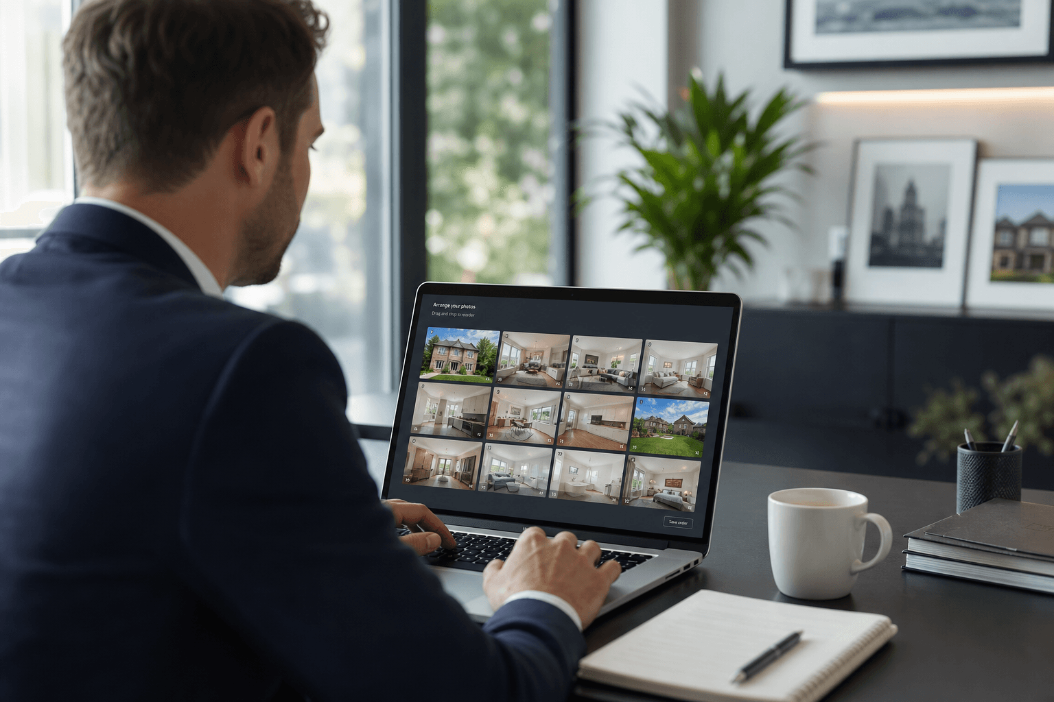 Estate agent arranging property listing photos on a laptop showing a Rightmove-style gallery sequence for a UK home