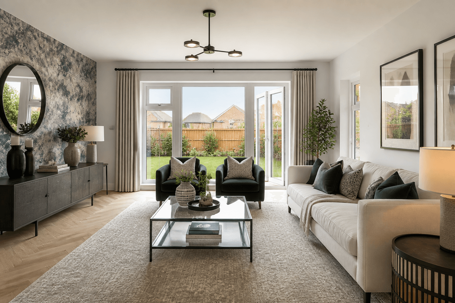 Professionally photographed show home living room in a UK new-build development with styled furniture and large windows