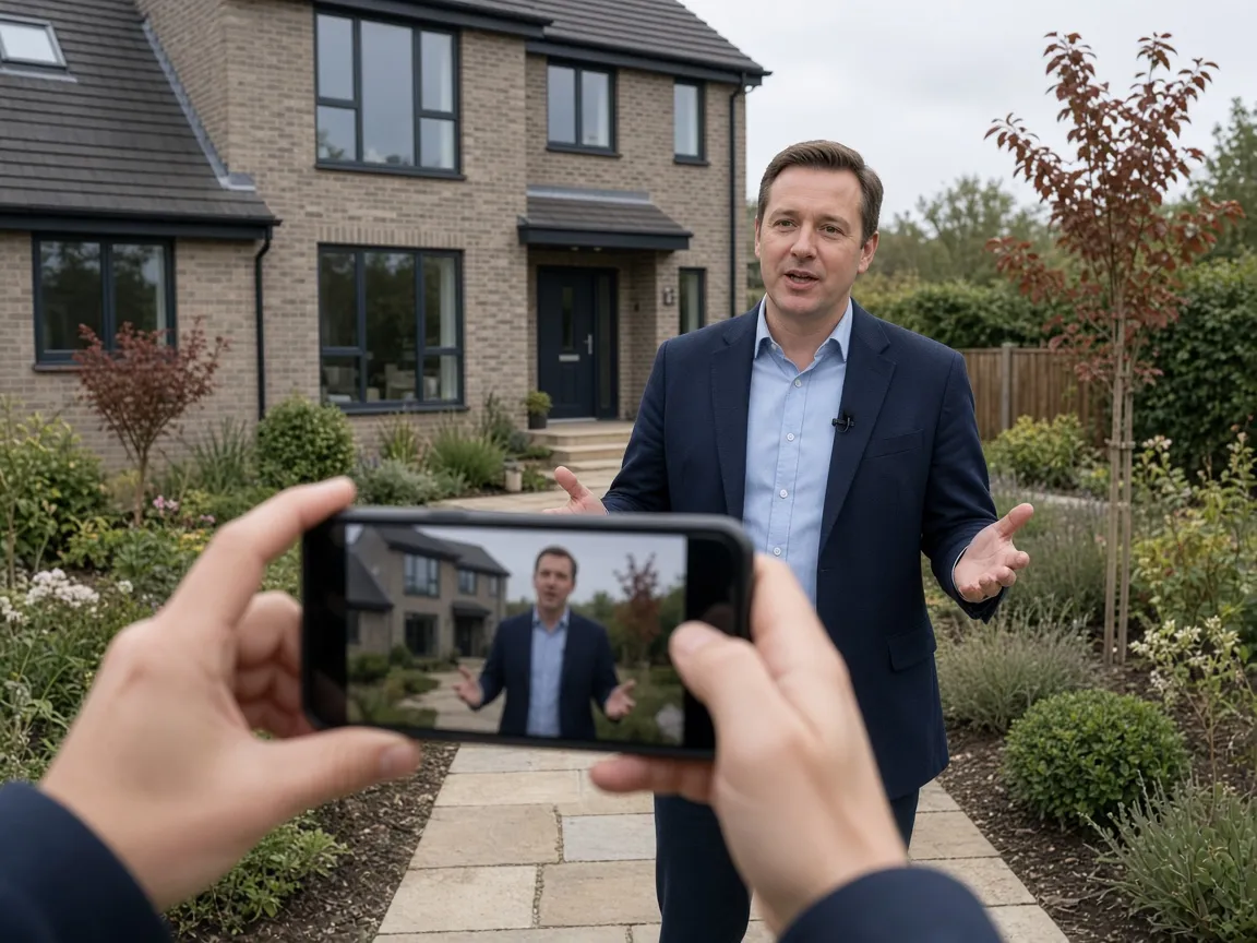 Person filming an estate agent with a smartphone outside a modern brick house